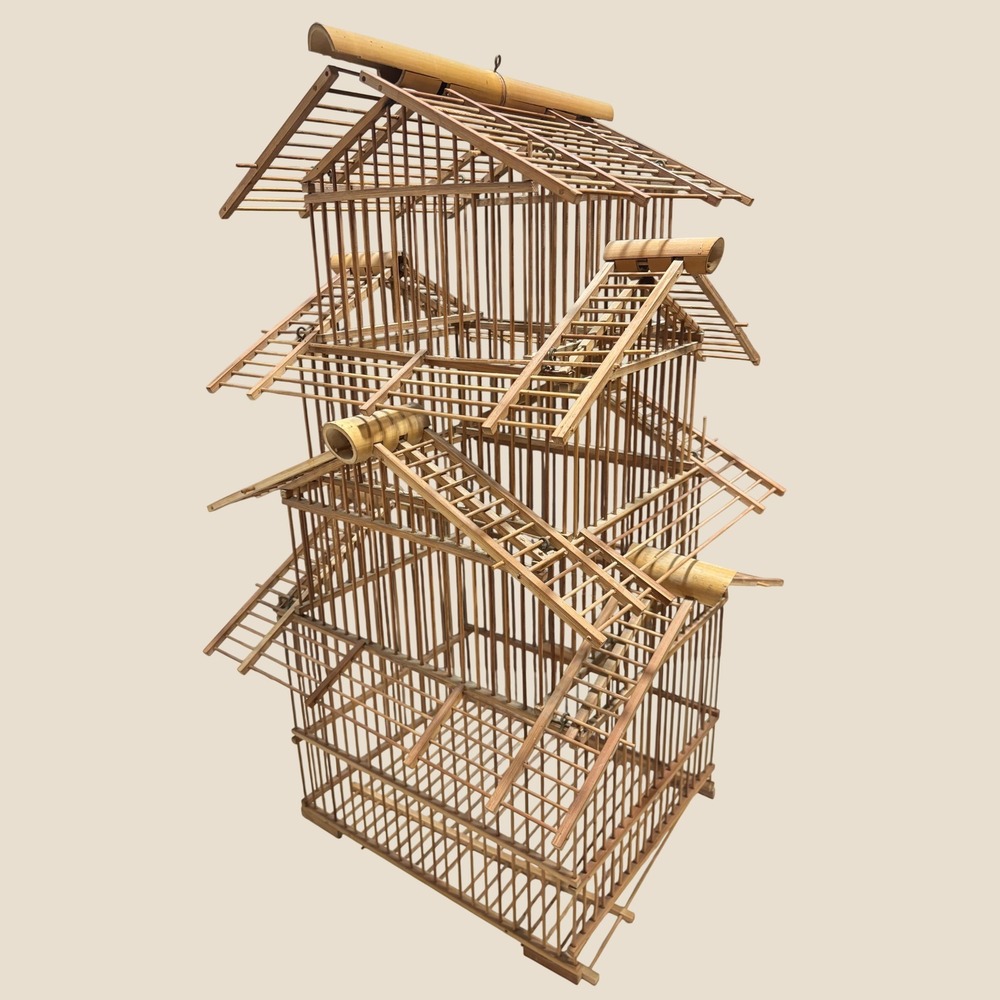 Vintage Bamboo Pagoda Bird Cage Multi Tiered Wood Decorative Chinoiserie 25in